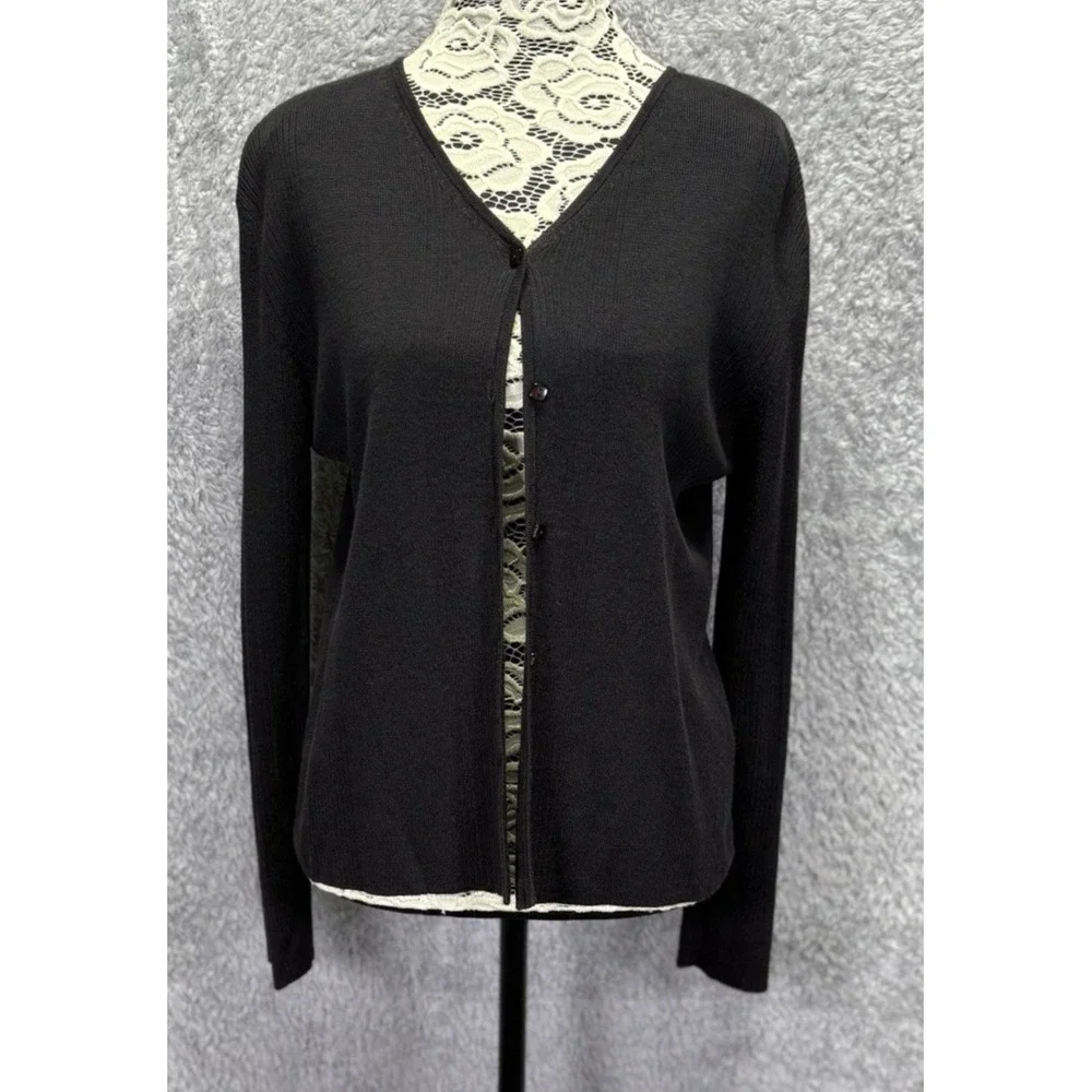 LOULOU Womens M Black Cardigan Sweater V Neck Ribbed Button Front Cotton Rayon